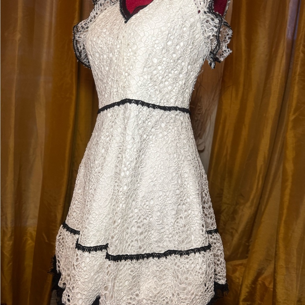 Lace Tiered White Dress with Black Trim - Women's Dress